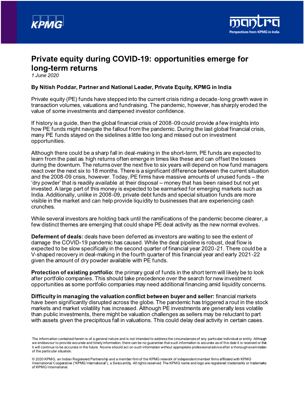 Private Equity During COVID-19: Opportunities Emerge for Long-Term Returns 1 June 2020