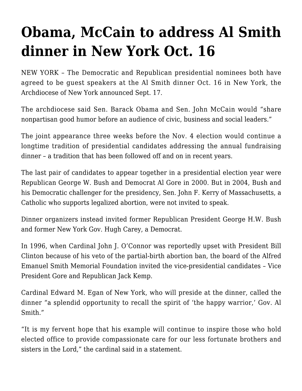 Obama, Mccain to Address Al Smith Dinner in New York Oct. 16