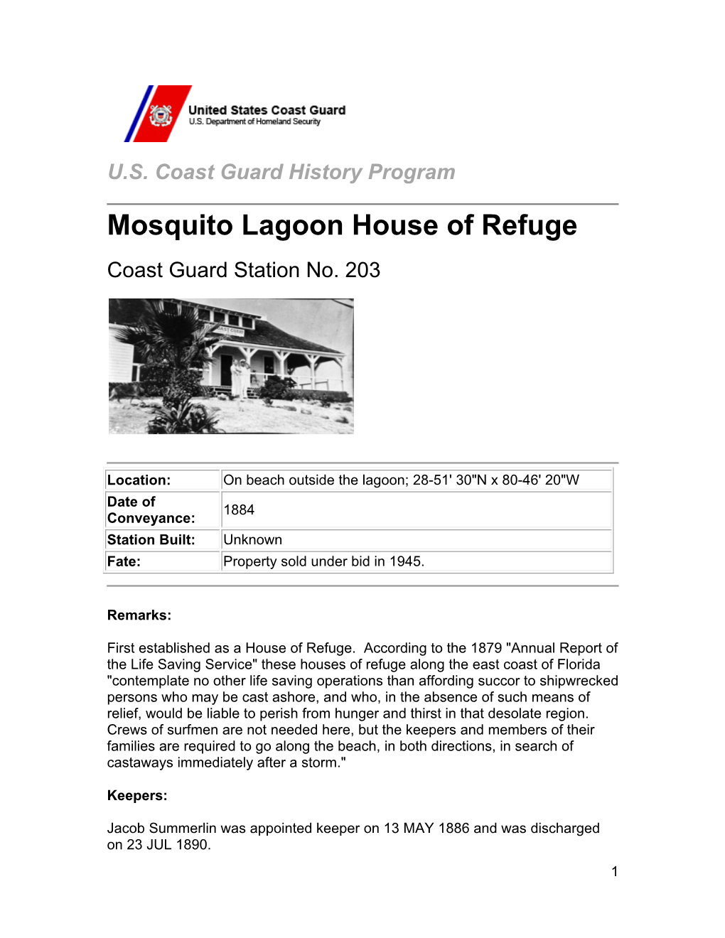 Mosquito Lagoon House of Refuge Coast Guard Station No