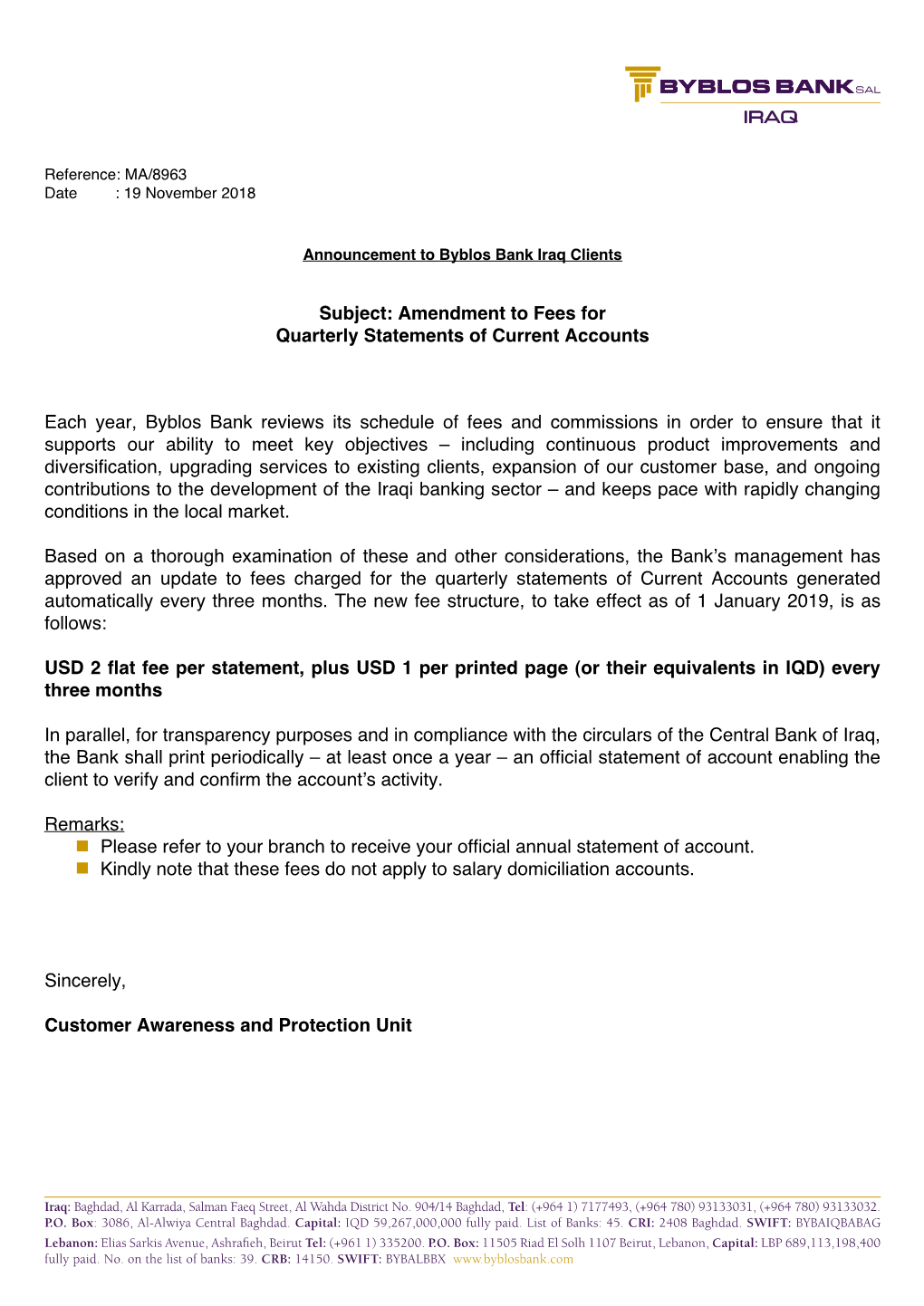 Amendment to Fees for Quarterly Statements of Current Accounts