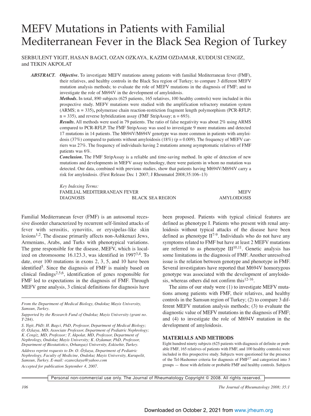 MEFV Mutations in Patients with Familial Mediterranean Fever in the Black Sea Region of Turkey