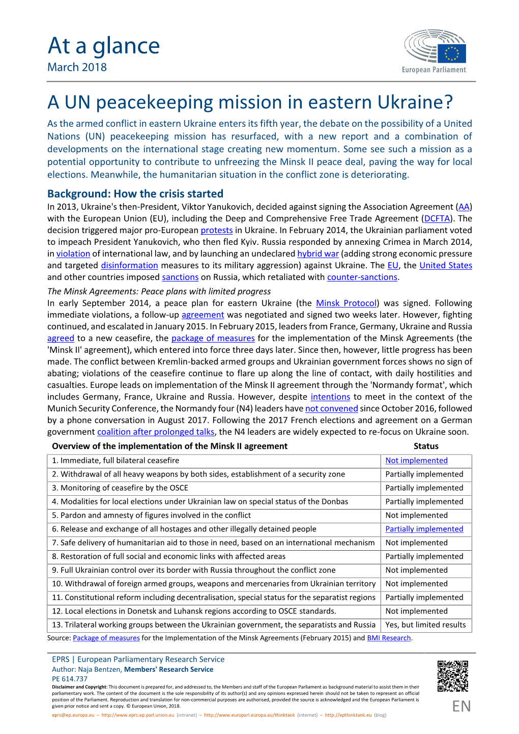 Minsk Agreements: Peace Plans with Limited Progress in Early September 2014, a Peace Plan for Eastern Ukraine (The Minsk Protocol) Was Signed