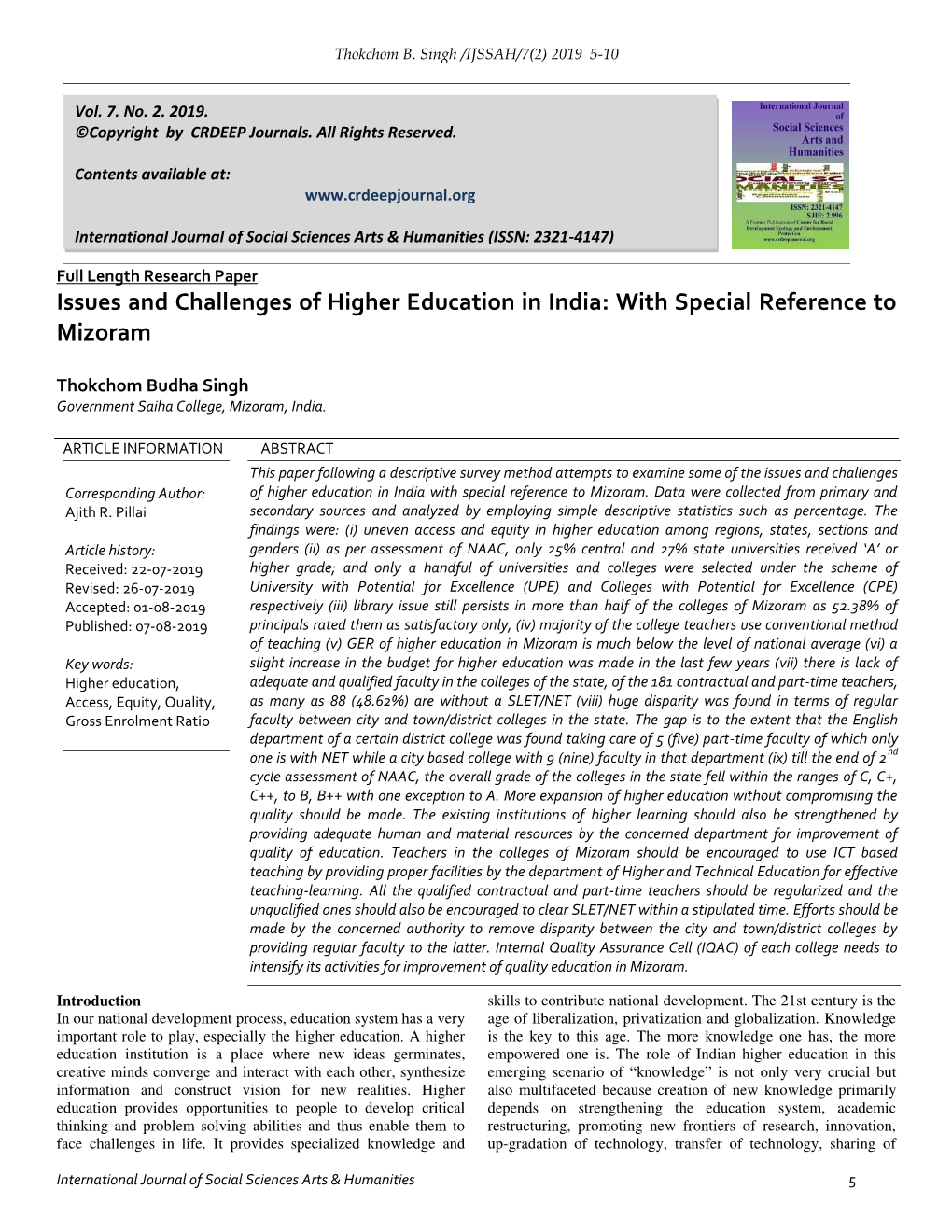 Issues and Challenges of Higher Education in India: with Special Reference to Mizoram