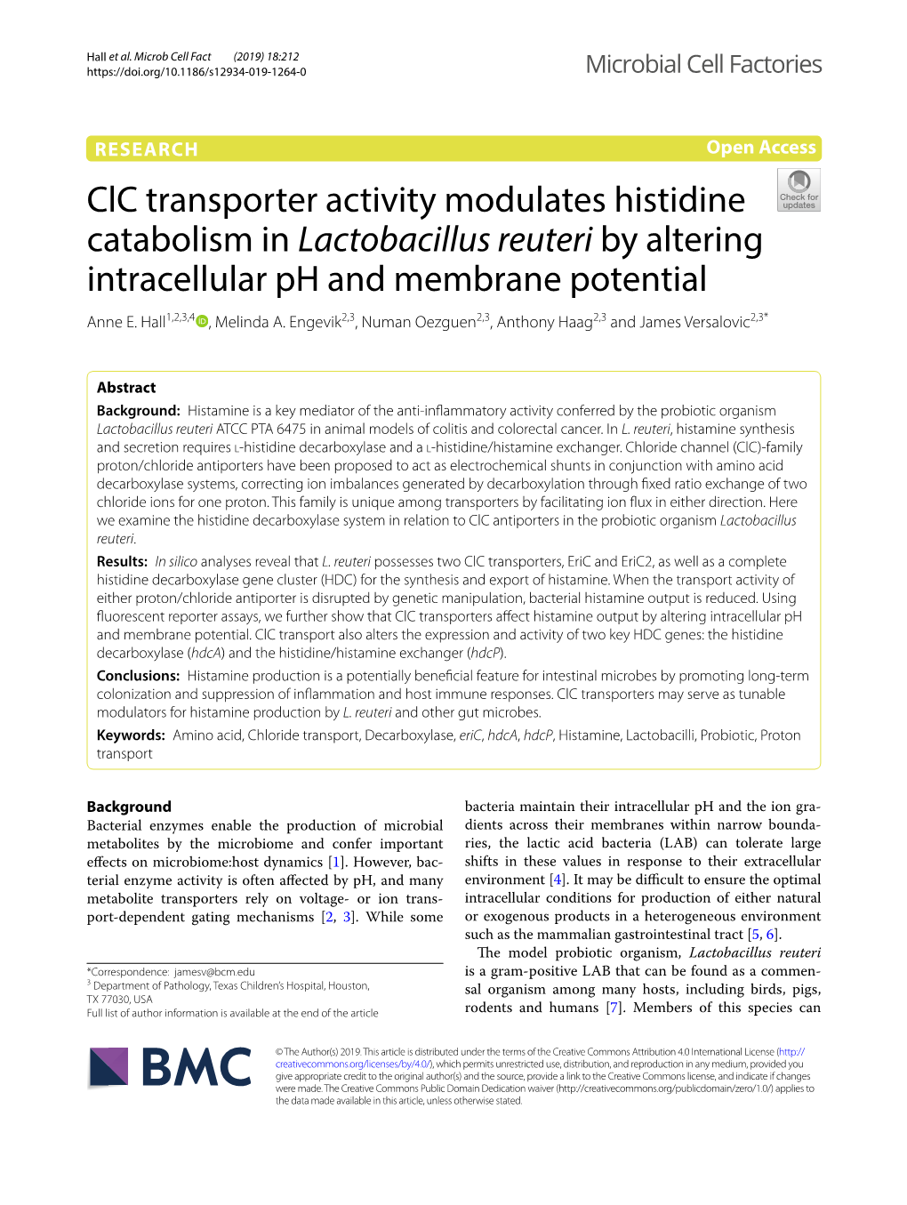 Clc Transporter Activity Modulates Histidine Catabolism in Lactobacillus Reuteri by Altering Intracellular Ph and Membrane Potential Anne E