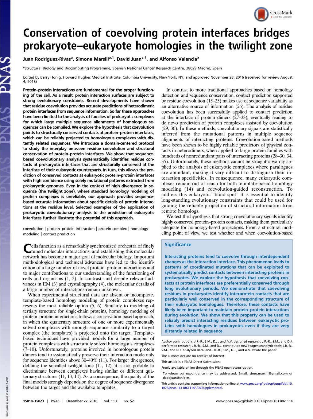 Conservation of Coevolving Protein Interfaces Bridges Prokaryote–Eukaryote Homologies in the Twilight Zone