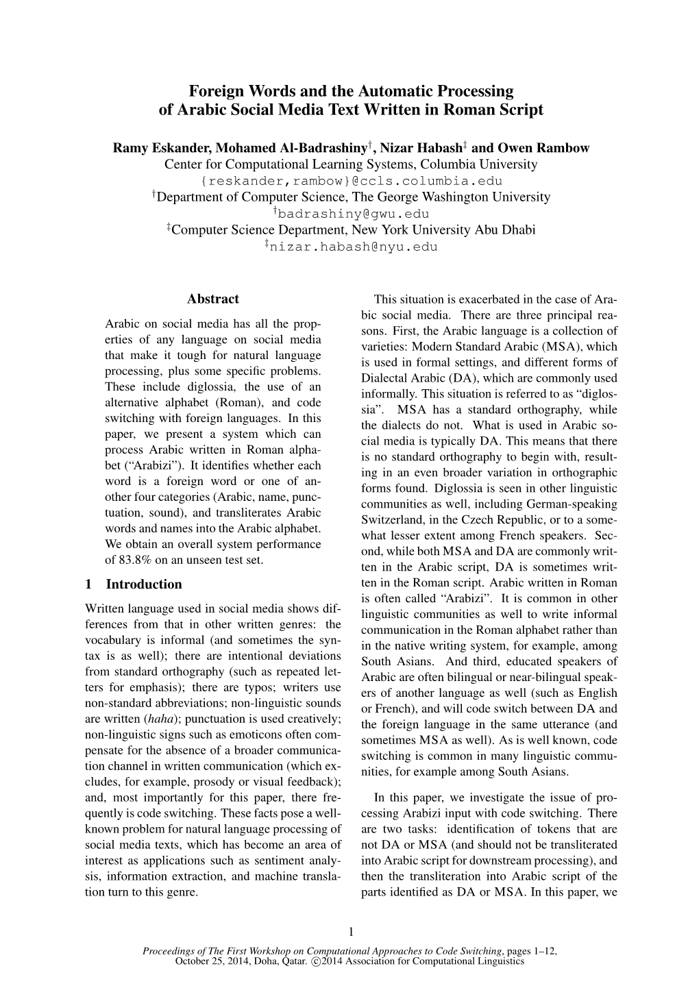 Foreign Words and the Automatic Processing of Arabic Social Media Text Written in Roman Script