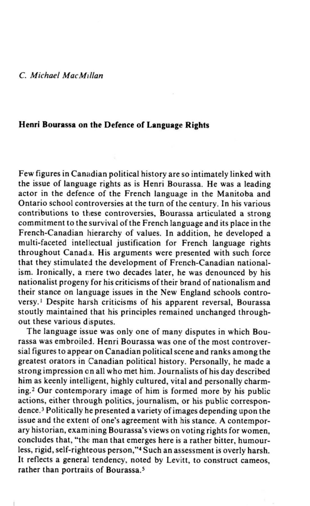 C. Michael Macmillan Henri Bourassa on the Defence of Language Rights