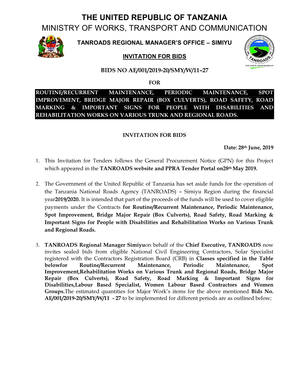 The United Republic of Tanzania Ministry of Works, Transport and Communication