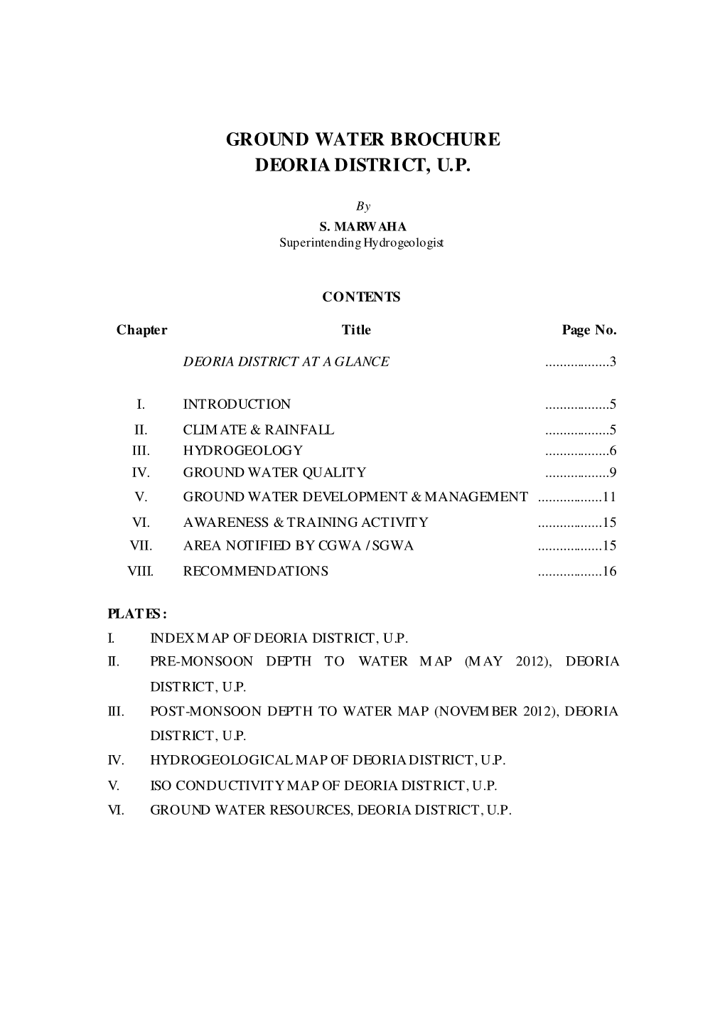 Ground Water Brochure Deoria District, U.P