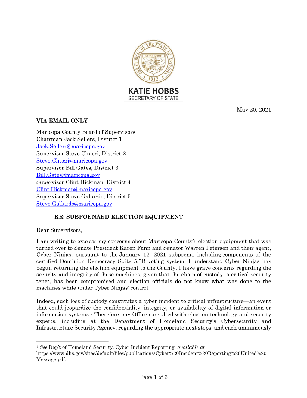 Letter Pertains Only to the Specific Pieces of Subpoenaed Election Equipment That the County Turned Over to the Senate and Its Contractors, and Not to the Underlying