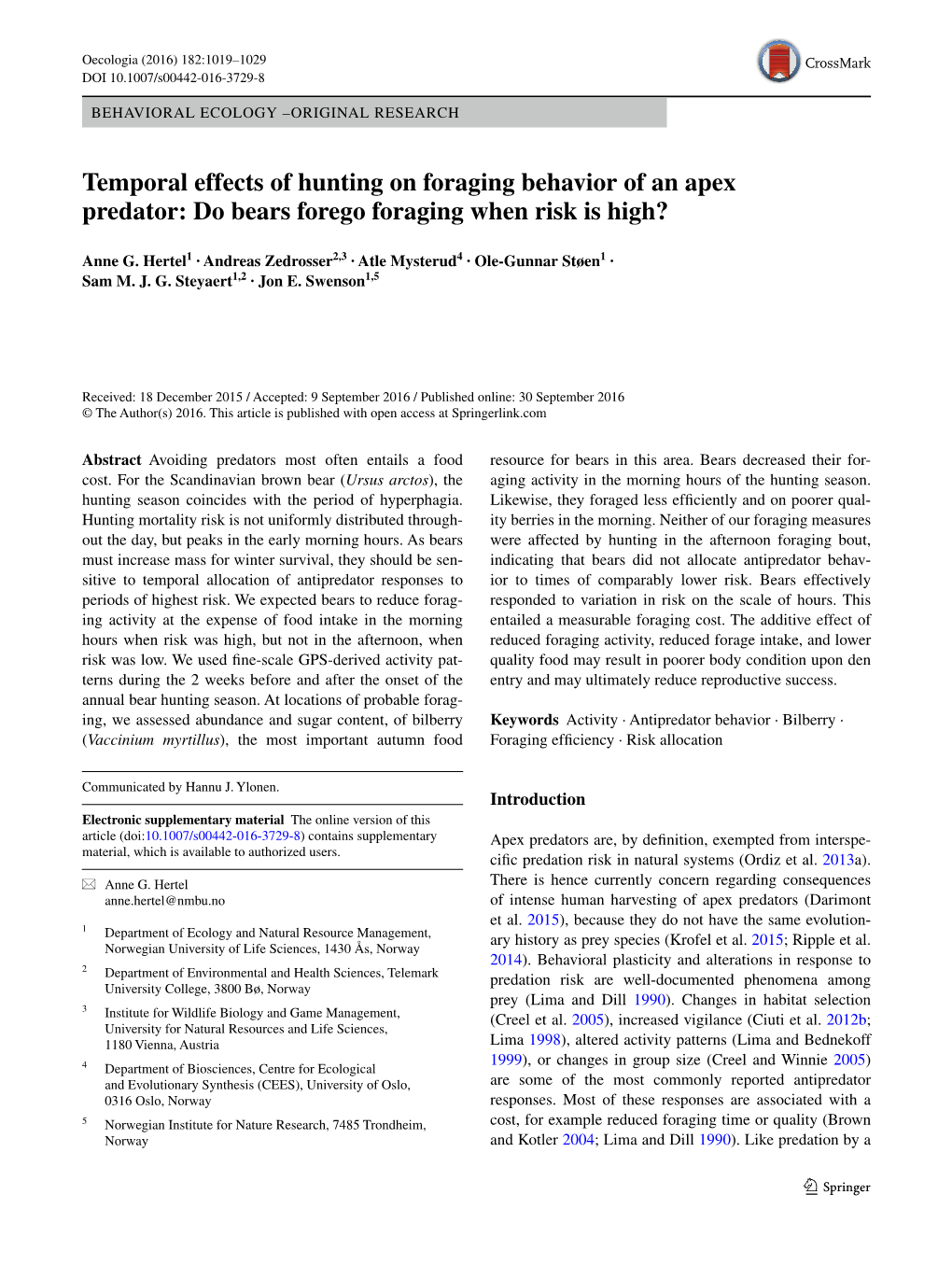 Temporal Effects of Hunting on Foraging Behavior of an Apex Predator: Do Bears Forego Foraging When Risk Is High?