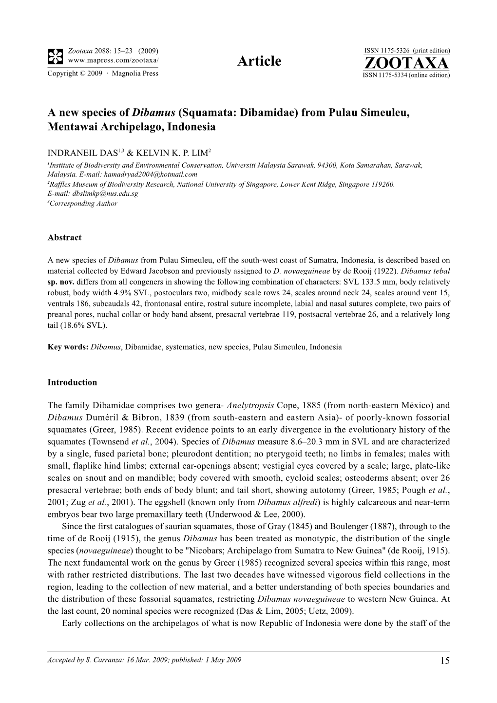 Zootaxa, a New Species of Dibamus (Squamata: Dibamidae) from Pulau