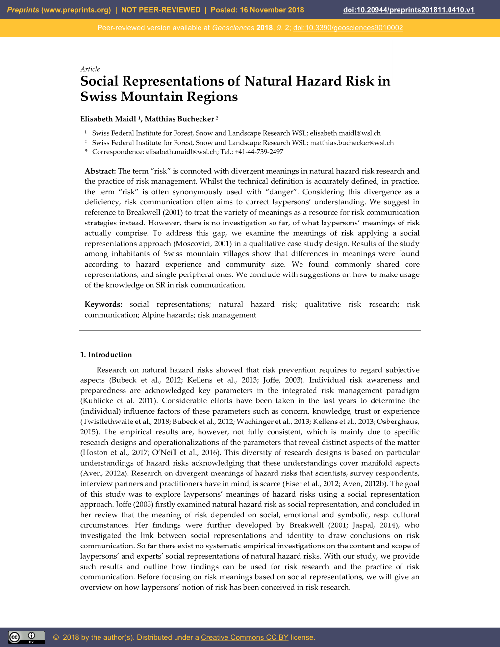 Social Representations of Natural Hazard Risk in Swiss Mountain Regions