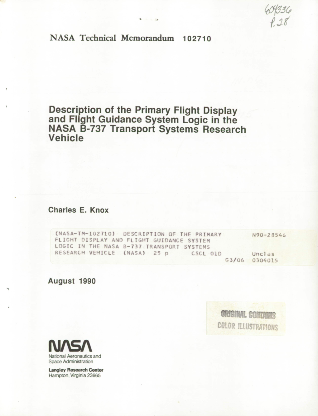 Description of the Primary Flight Display and Flight Guidance System Logic in the NASA B-737 Transport Systems Research Vehicle