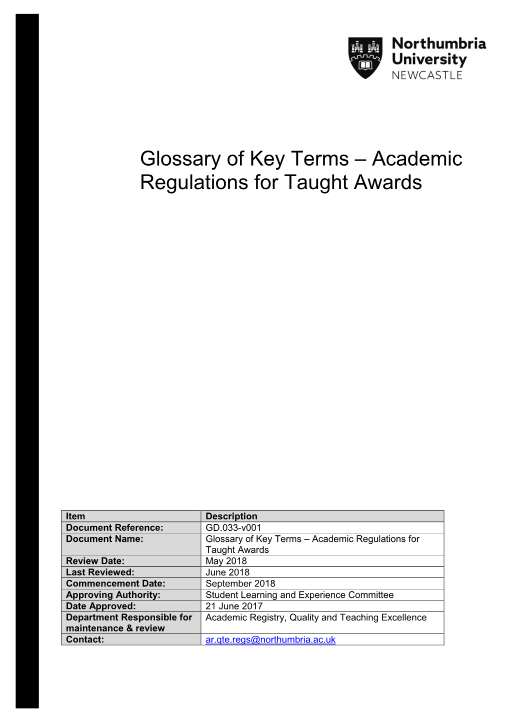 Glossary of Key Terms – Academic Regulations for Taught Awards