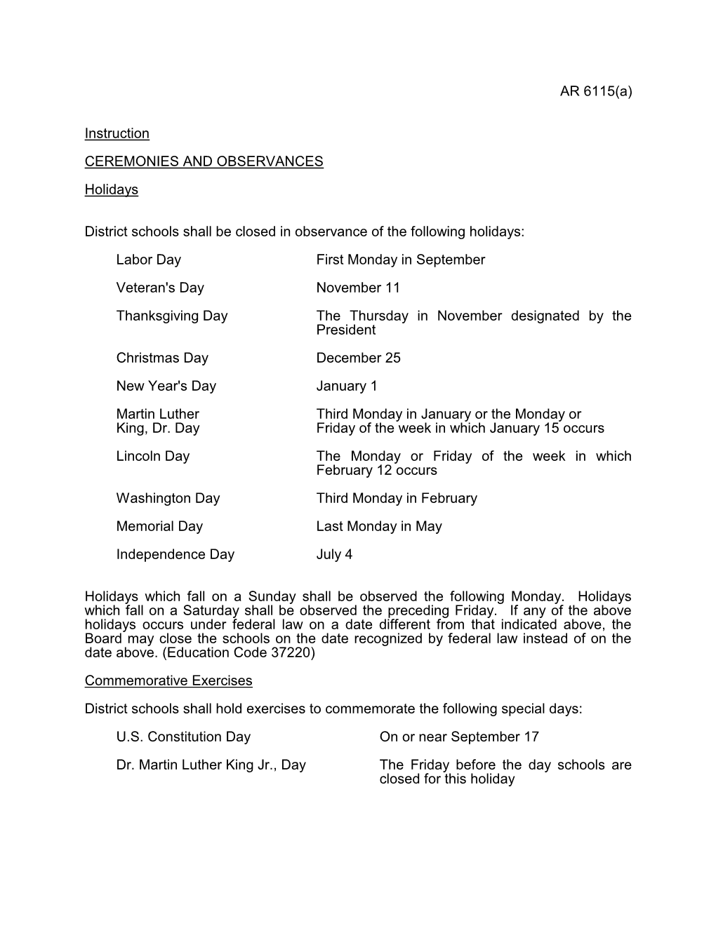 AR 6115(A) Instruction CEREMONIES and OBSERVANCES