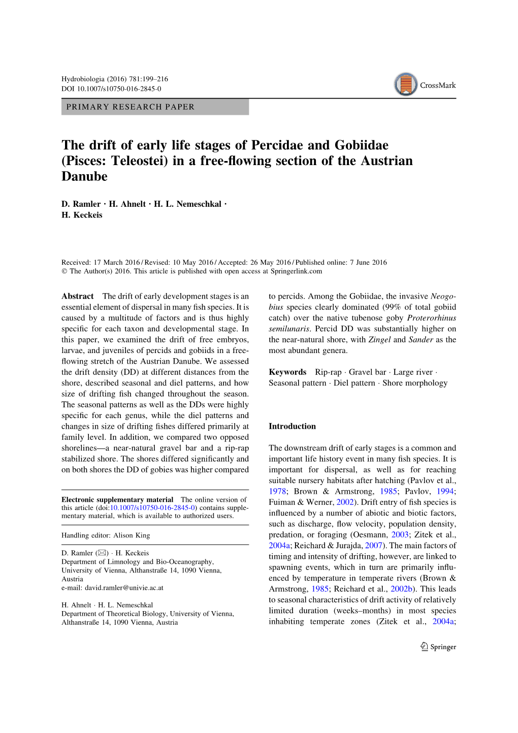 The Drift of Early Life Stages of Percidae and Gobiidae (Pisces: Teleostei) in a Free-ﬂowing Section of the Austrian Danube