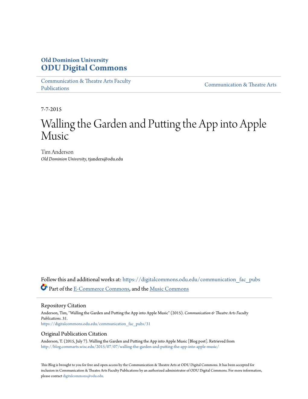 Walling the Garden and Putting the App Into Apple Music Tim Anderson Old Dominion University, Tjanders@Odu.Edu
