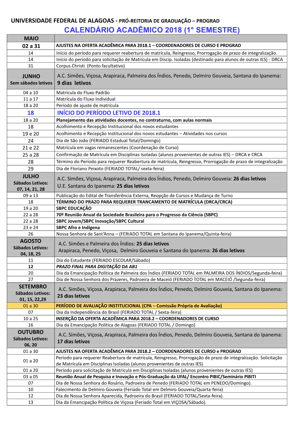 Calendário Acadêmico 2010