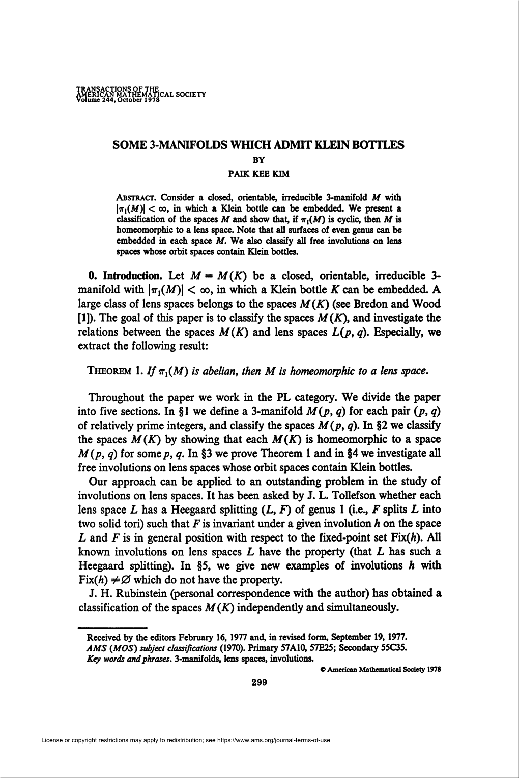 Some 3-Manifolds Which Admit Klein Bottles 307