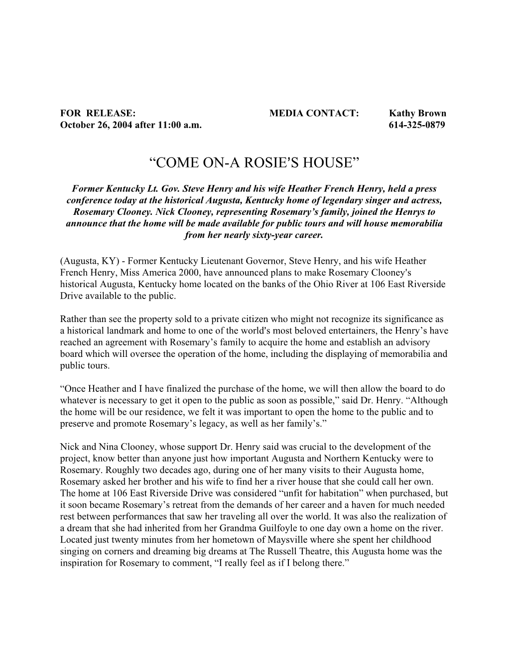 Press Release Announcing the Rosemary Clooney House