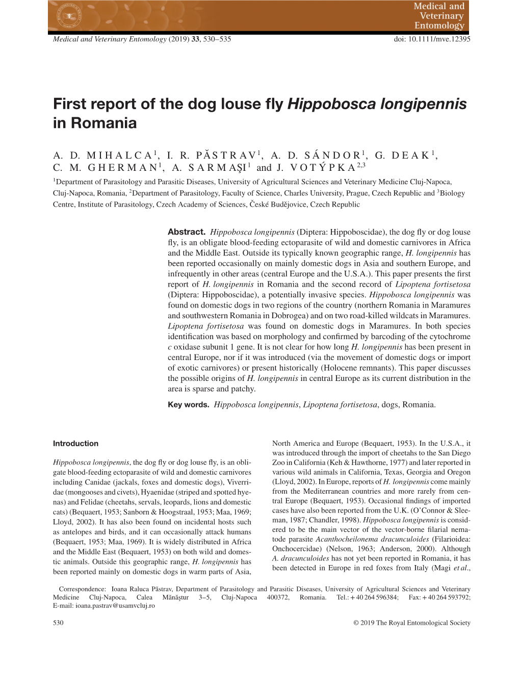 First Report of the Dog Louse Fly Hippobosca Longipennis in Romania