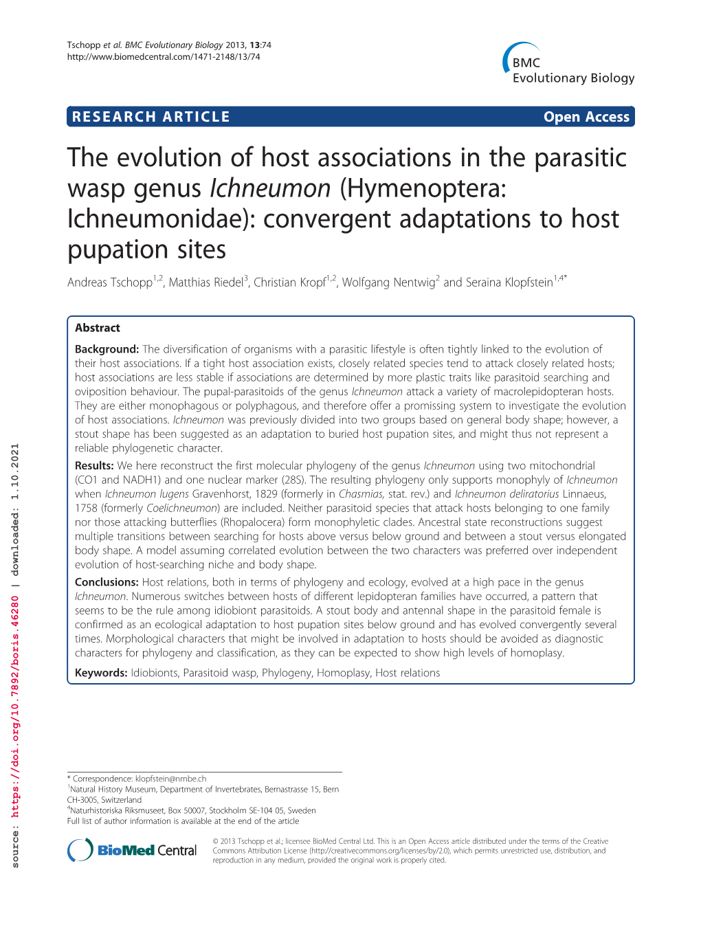 The Evolution of Host Associations in the Parasitic Wasp Genus Ichneumon (Hymenoptera: Ichneumonidae): Convergent Adaptations To