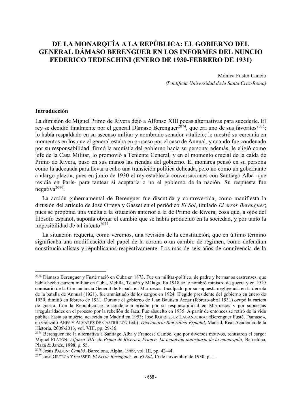 El Gobierno Del General Dámaso Berenguer En Los Informes Del Nuncio Federico Tedeschini (Enero De 1930-Febrero De 1931)