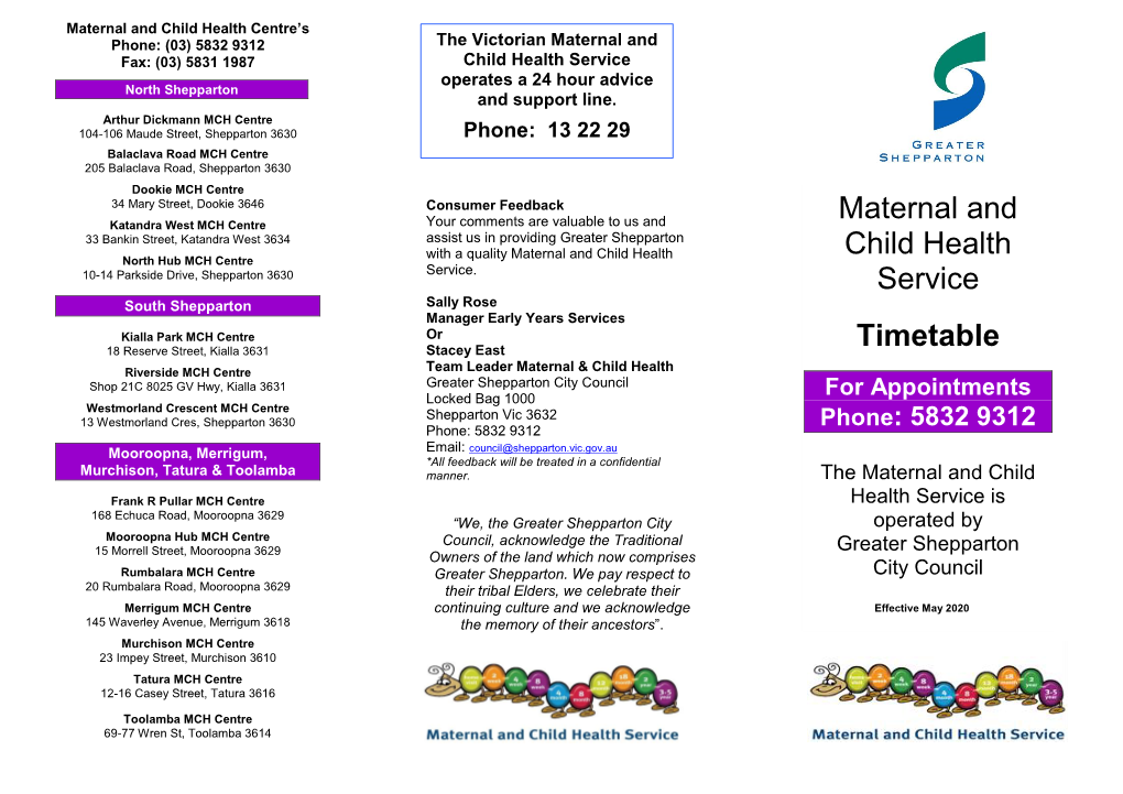 Maternal and Child Health Session Timetable