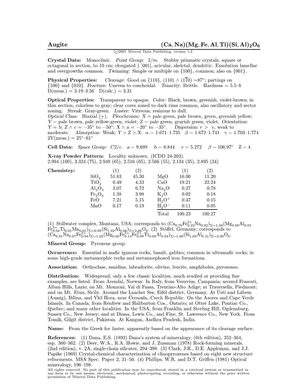 Augite (Ca; Na)(Mg; Fe; Al; Ti)(Si; Al)2O6 C 2001 Mineral Data Publishing, Version 1.2 ° Crystal Data: Monoclinic