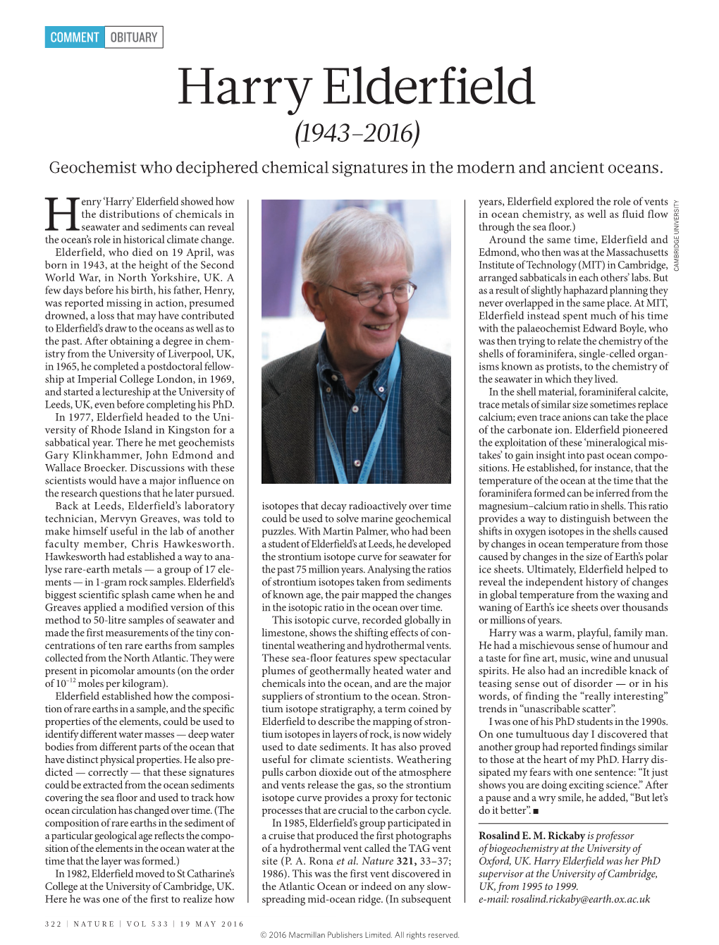 Harry Elderfield (1943–2016) Geochemist Who Deciphered Chemical Signatures in the Modern and Ancient Oceans