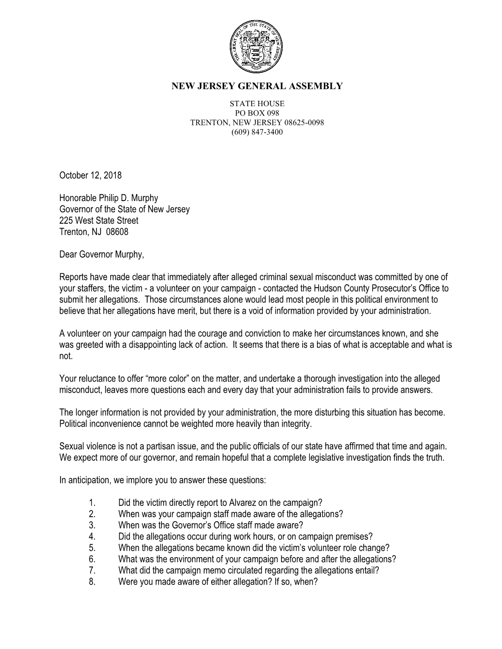 NEW JERSEY GENERAL ASSEMBLY October 12, 2018 Honorable Philip D. Murphy Governor of the State of New Jersey 225 West State Stree