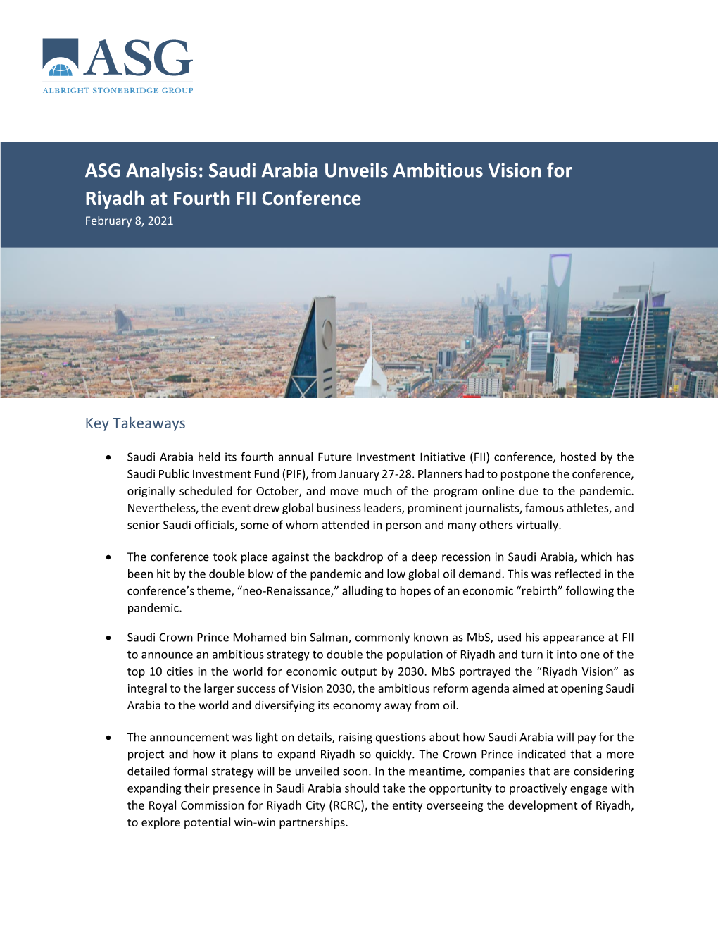 ASG Analysis: Saudi Arabia Unveils Ambitious Vision for Riyadh at Fourth FII Conference February 8, 2021