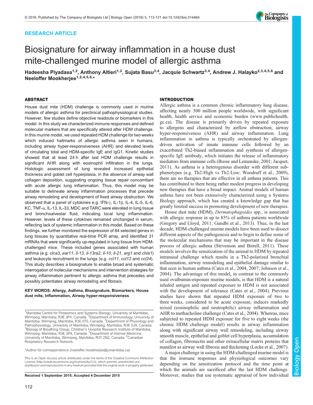 Biosignature for Airway Inflammation in a House Dust Mite-Challenged