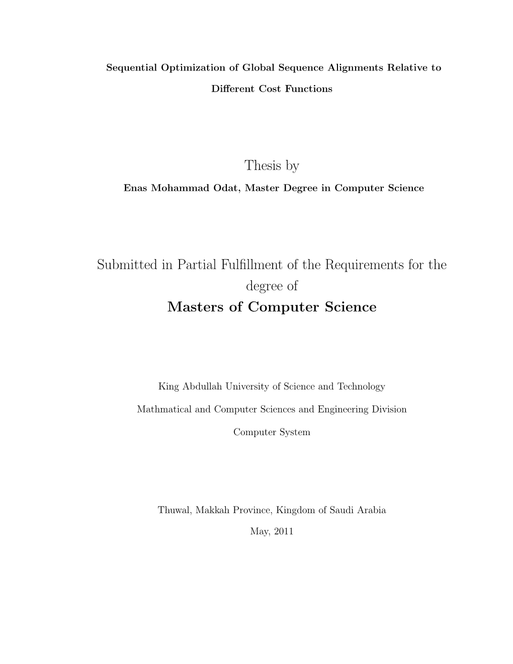 Thesis by Submitted in Partial Fulfillment of the Requirements For