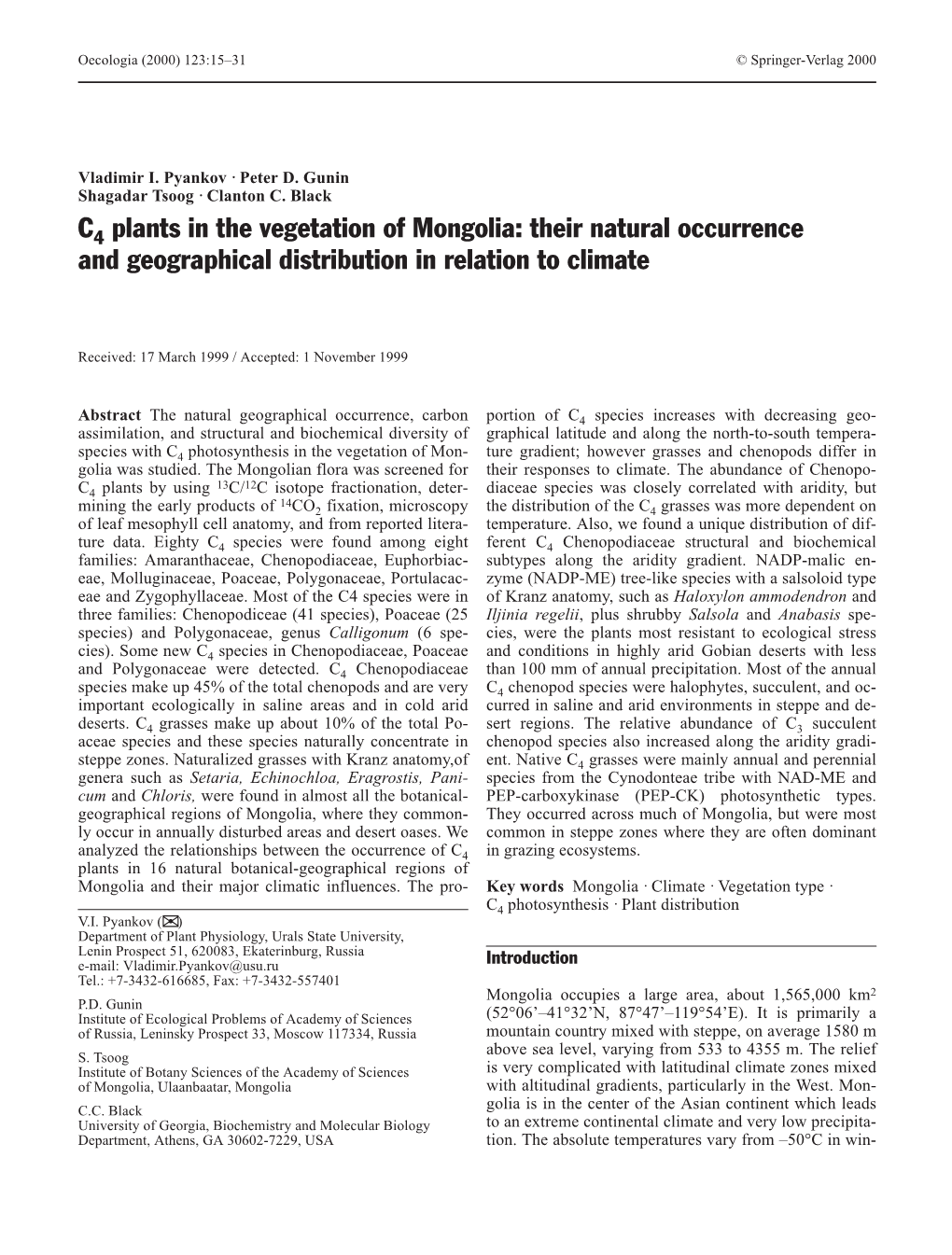 C Plants in the Vegetation of Mongolia: Their Natural Occurrence