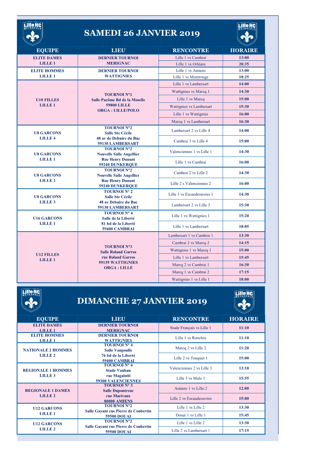 Programme Des Matchs En Salle Weekend Du 26 Et 27 Janvier 2019