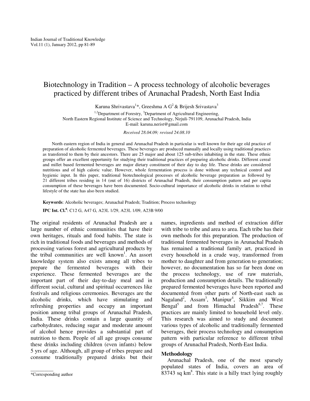 A Process Technology of Alcoholic Beverages Practiced by Different Tribes of Arunachal Pradesh, North East India