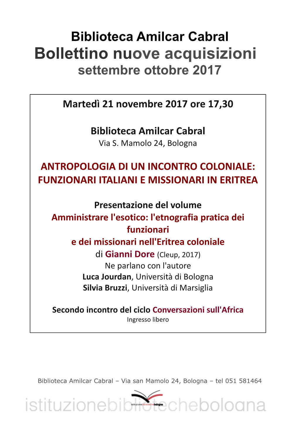 Bollettino Nuove Acquisizioni Settembre Ottobre 2017