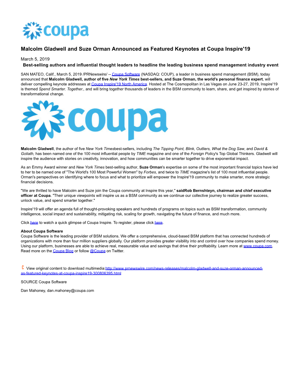 Malcolm Gladwell and Suze Orman Announced As Featured Keynotes at Coupa Inspire'19
