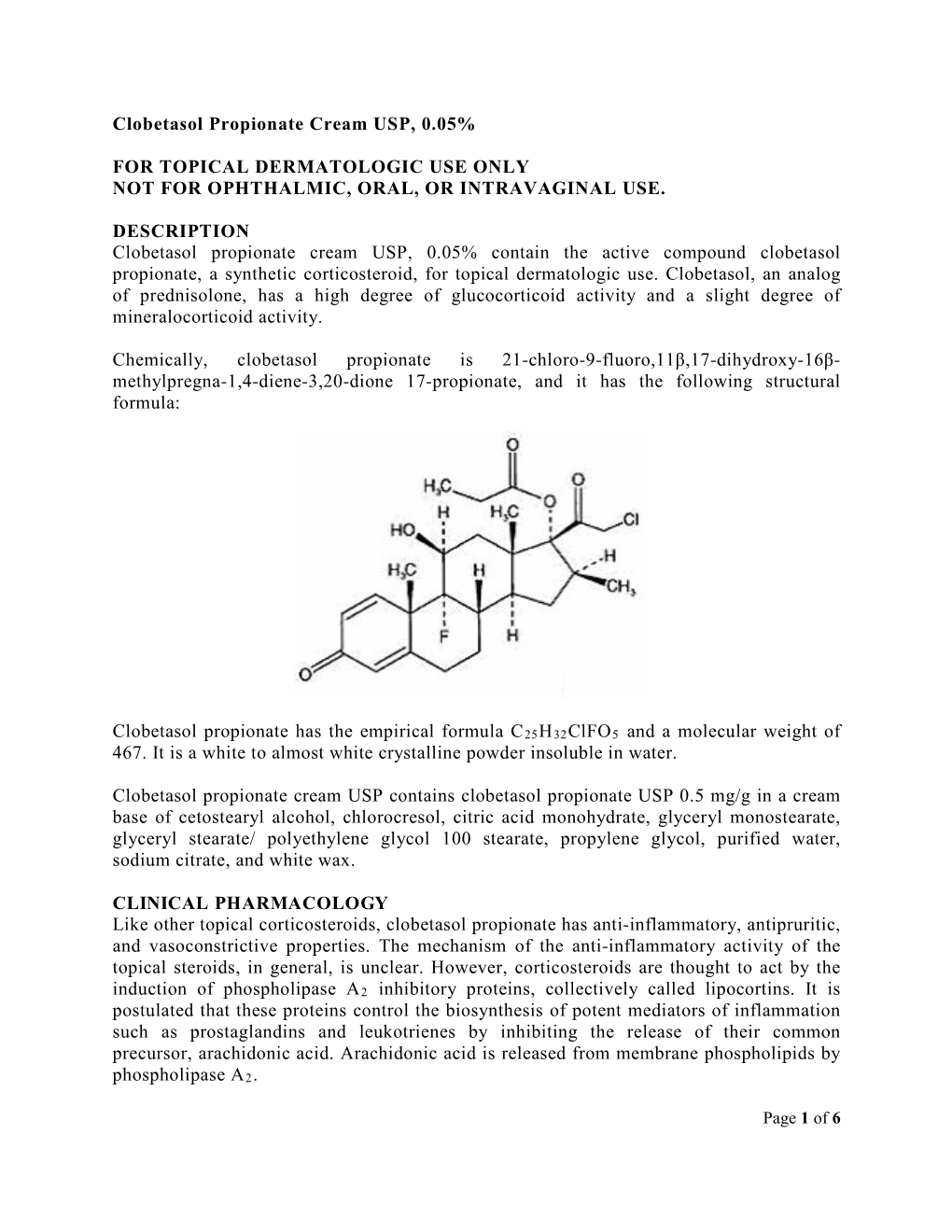 Clobetasol Propionate Cream USP, 0.05% for TOPICAL