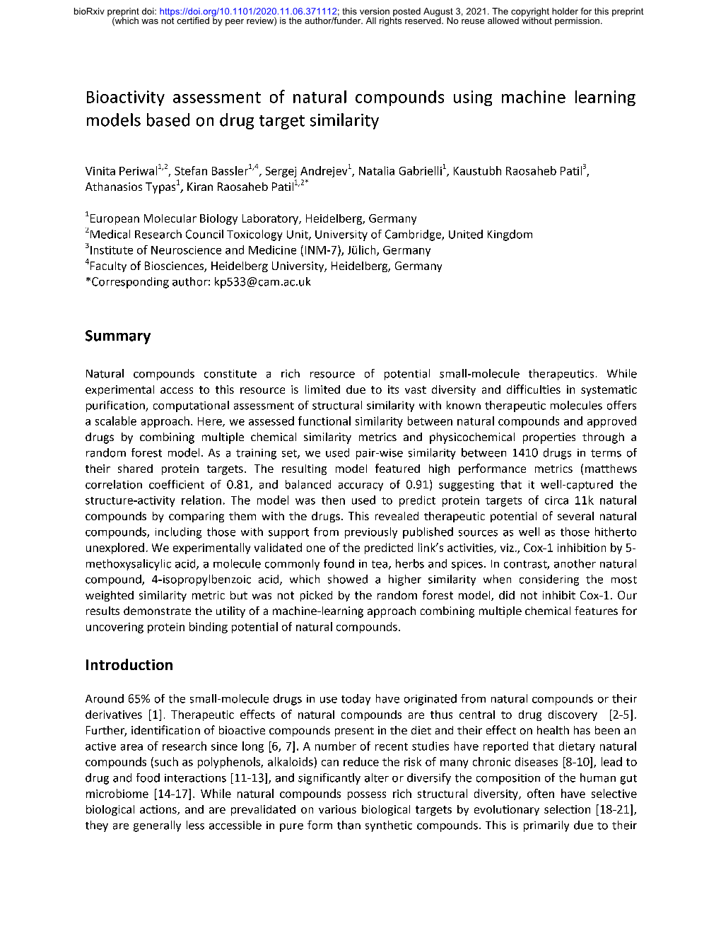 Bioactivity Assessment of Natural Compounds Using Machine Learning Models Based on Drug Target Similarity