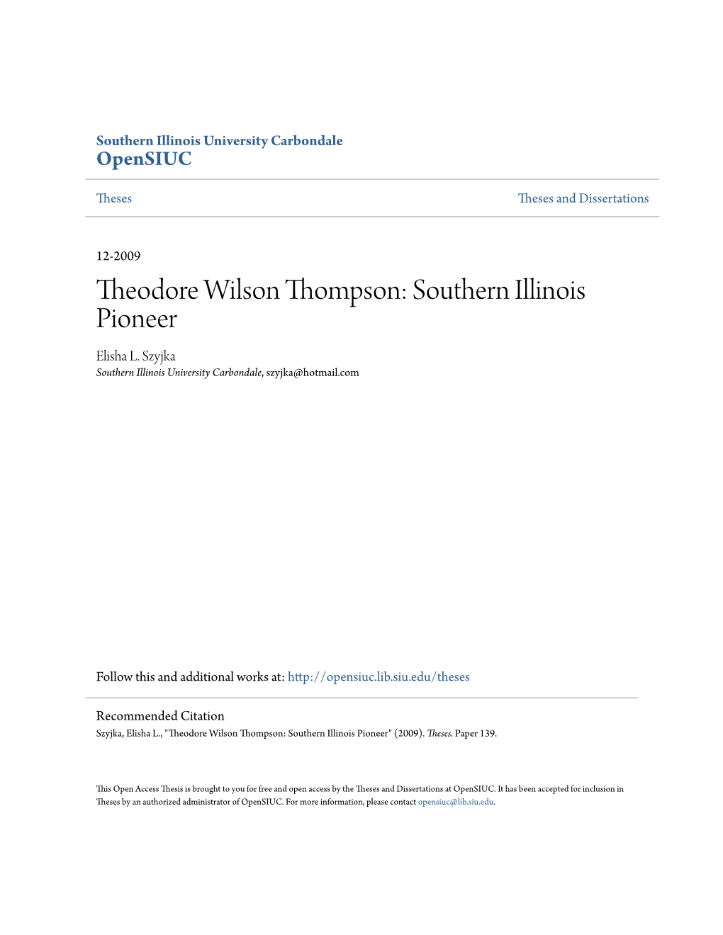 Theodore Wilson Thompson: Southern Illinois Pioneer Elisha L