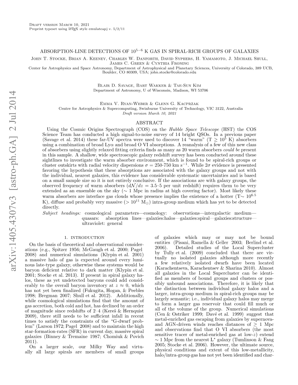 Arxiv:1405.4307V3 [Astro-Ph.GA] 2 Jul 2014 O,Teea E Neetdbroscudadconsid- at Inventory Add Baryon Could Ha- Overall Galaxy Baryons the Spiral Undetected to in Al