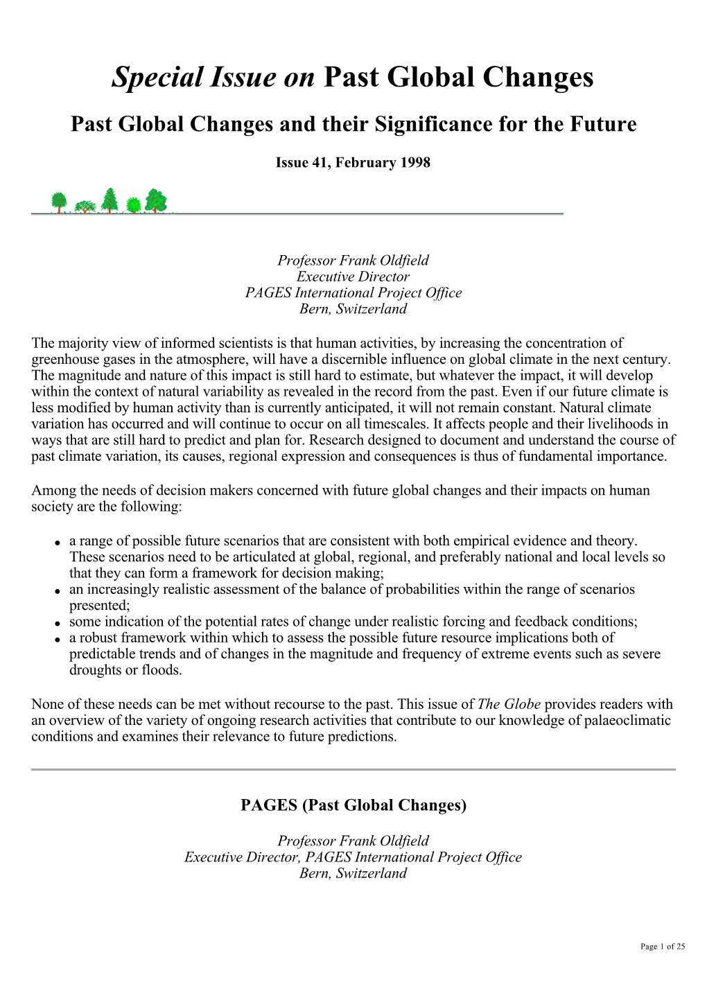 Past Global Changes Special Issue On