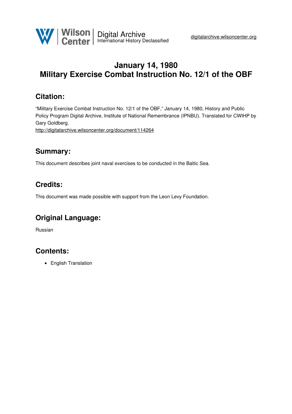 January 14, 1980 Military Exercise Combat Instruction No. 12/1 of the OBF