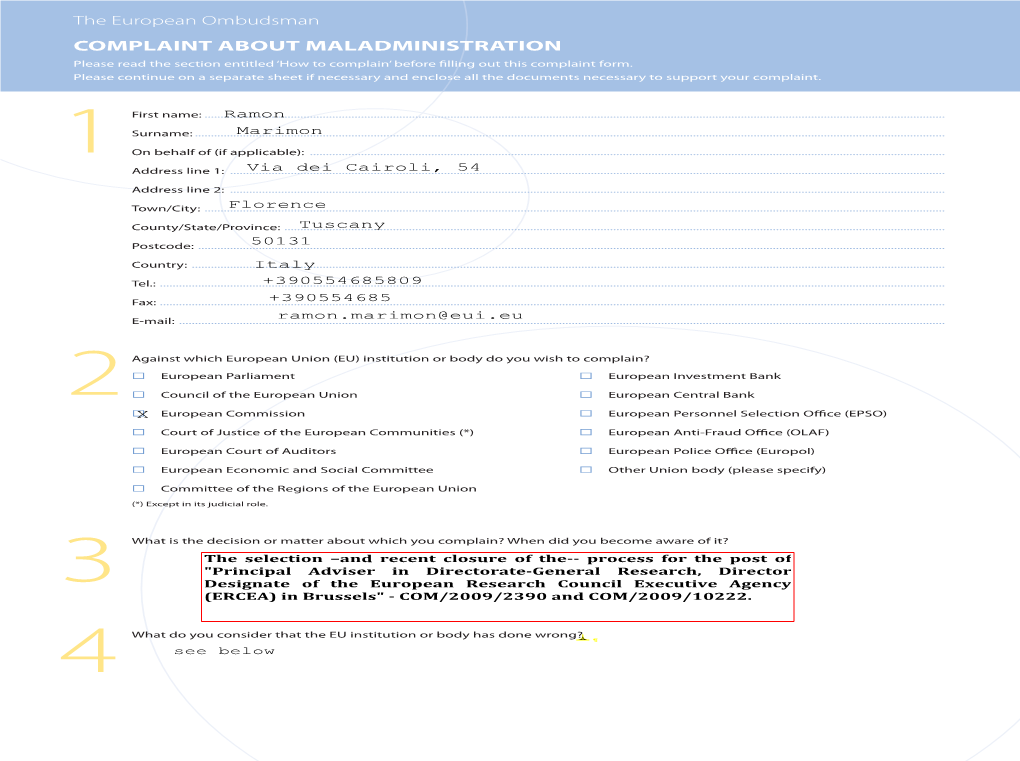 Formal Complaint to the European Ombudsman, 5 November 2010