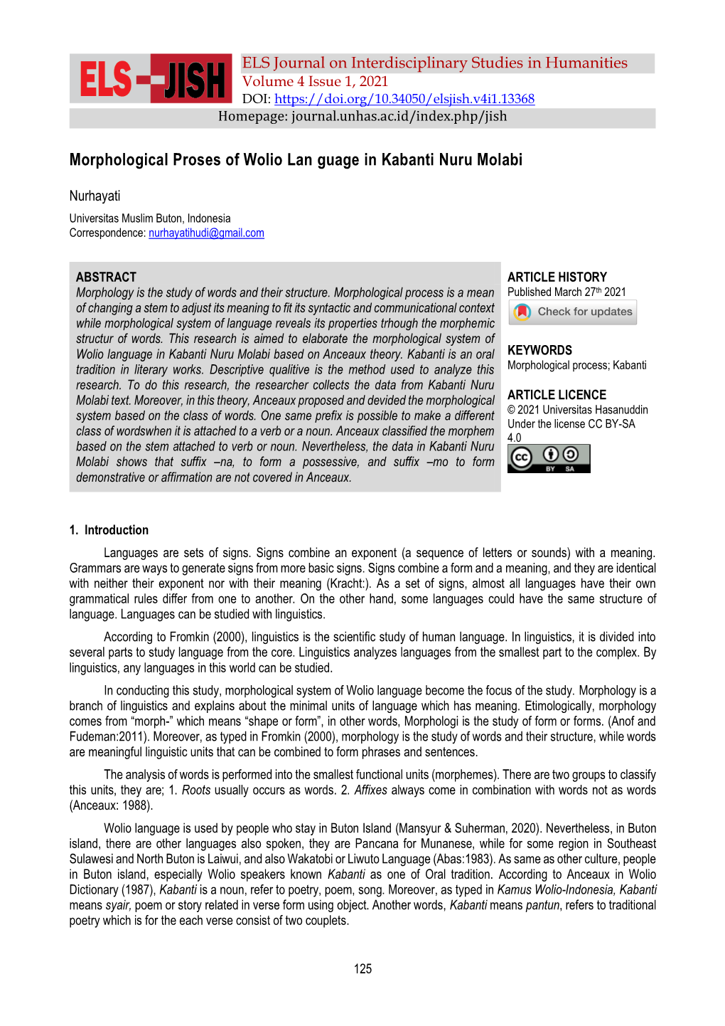 Morphological Proses of Wolio Lan Guage in Kabanti Nuru Molabi