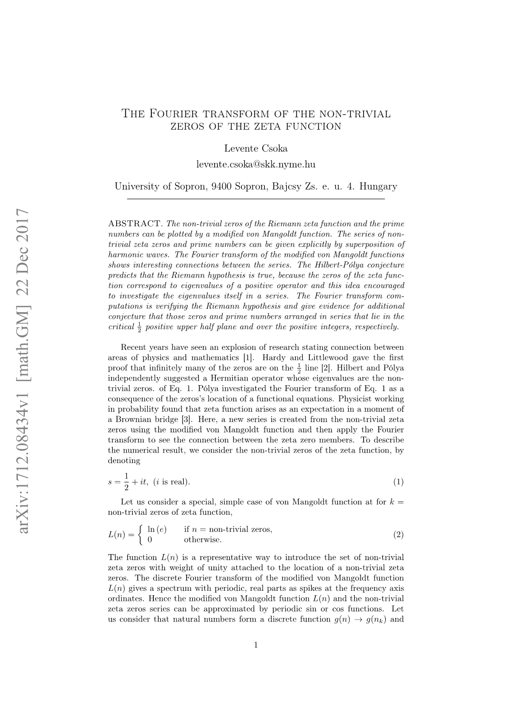 Arxiv:1712.08434V1 [Math.GM] 22 Dec 2017 L(N) = (2) 0 Otherwise