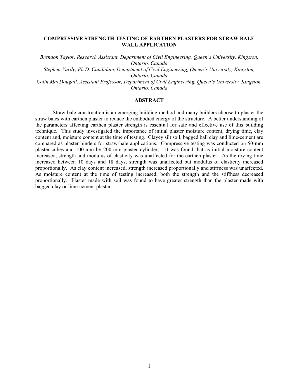 Compressive Strength Testing of Earthen Plasters for Straw Bale Wall Application